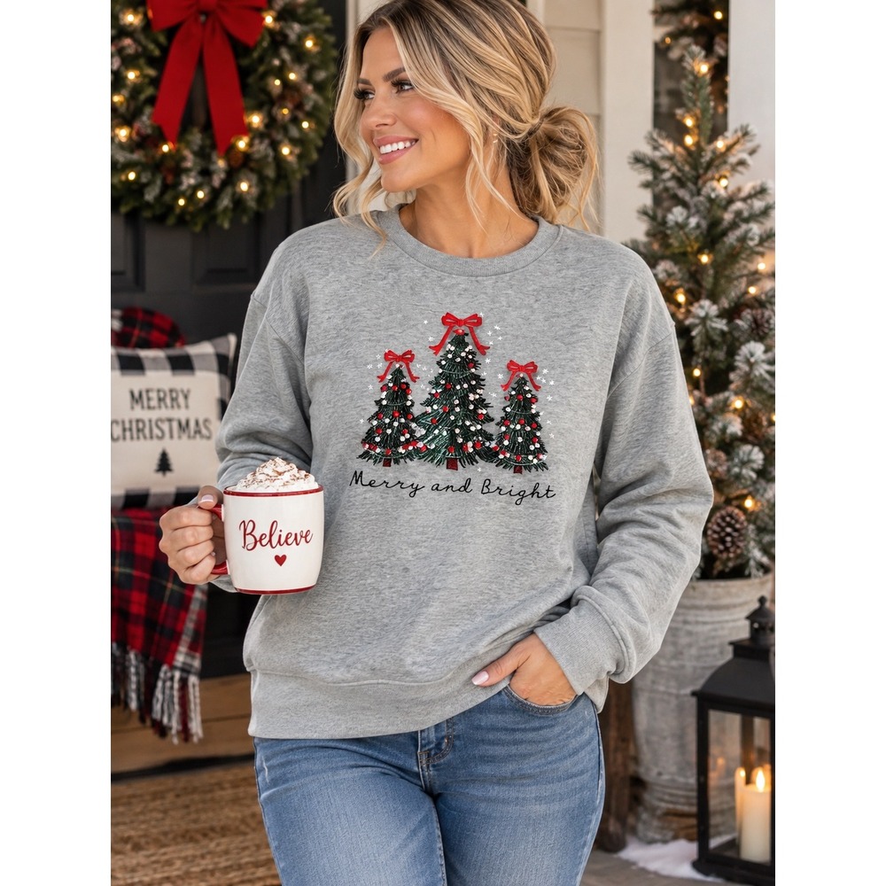 Holiday Christmas Tree Sweatshirt Women Oversized Large Gray "Merry and Bright"